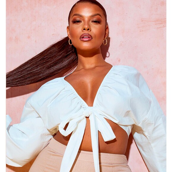 PrettyLittleThing Plus White Tie Front Ruched Blouse US Size 18 NWT - Picture 2 of 7